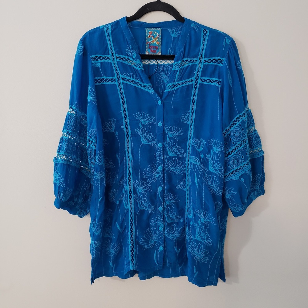 Johnny Was Daisy Peia Tunic Top Large Boho Floral Embroidery Button Up Blue